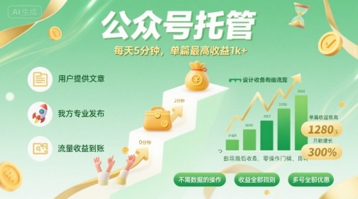 【公众号托管 】我提供文章,你发布,每天5分钟,单篇最高收益1k+【揭秘】-优优云网创
