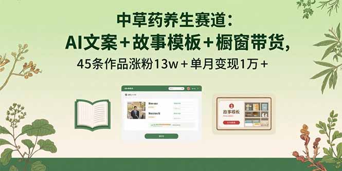 中草药养生赛道：AI文案+故事模板+橱带货，45条作品涨粉13w+单月变现1万+-优优云网创