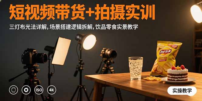 短视频带货+拍摄实训:三灯布光法详解,场景搭建逻辑拆解,饮品零食实景教学-优优云网创