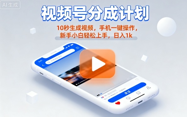 视频号分成计划懒人玩法，10秒生成视频，手机一键操作，新手小白轻松上手，日入1K【揭秘】-优优云网创