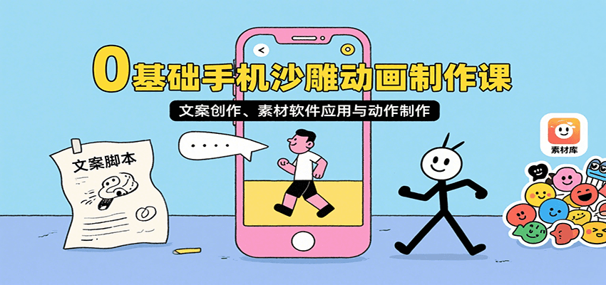 0基础手机沙雕动画制作课，文案创作、素材软件应用与动作制作-优优云网创