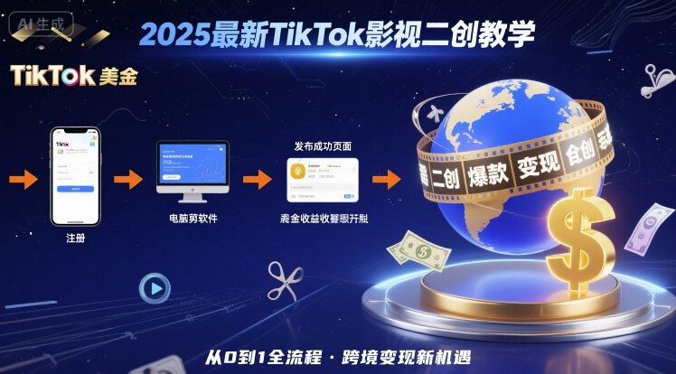 2025年最新TikTok影视二创教学，从注册到发布撸美金全流程，跨境变现新机遇-优优云网创